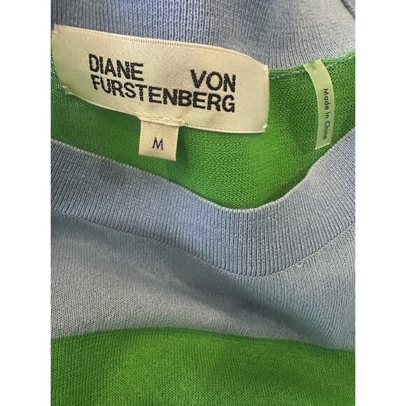 Diane Von Furstenberg Blue & Green Striped Top LS Mesh Sheer Stretch Medium - Picture 10 of 13